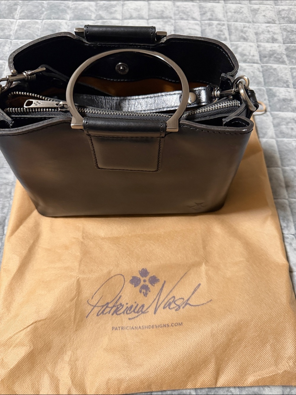 Patricia Nash Black Leather Messenger Bag with Silver Hardware